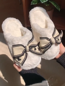 Fashion for women plush slippers sweet love bowknot warm cotton home soft sole bottom slippers