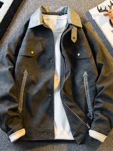 Retro Distressed PU Leather Jacket Mens Spring Autumn New Style Cool Flip Collar Biker Jacket Outerwear Fashion Trend