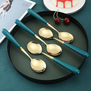 Đũa Thìa Dĩa inox mạ vàng cán sứ xanh cổ vịt sang trọng BEAU4