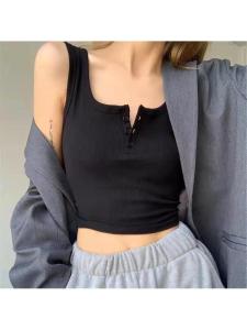 Elastic Knitted Short Sleeveless Vest Womens Fashion Casual Style Top Button Design Polyester Fiber Outerwear Base Layer