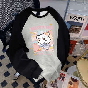 Girls round Neck Sweatshirt Shoulder Insert Cartoon Dog Print Sporty Polyester Cotton Blend Autumn Wear for Middle And Big Kids