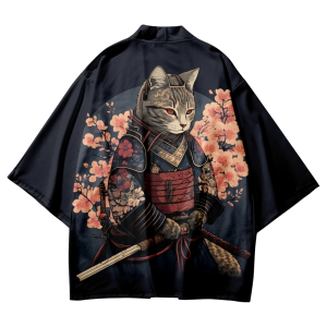 Japanese Cat Samurai Haori Kimono Cardigan Men Women Ukiyo-e Style Anime Cosplay Kimono Open Front Streetwear Harajuku Coat