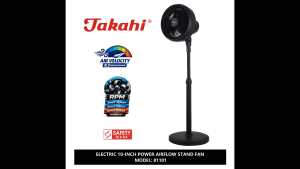 TAKAHI Electric 10-Inch Power Airflow Stand Fan Model 81101. Key Attributes: Air Velocity 8.3 Meters/Second RPM Speed 1650/1950/2250 Singapore Safety Mark 260048-24. Fit/Use: Indoor Cooling. Scene: Home or Office.