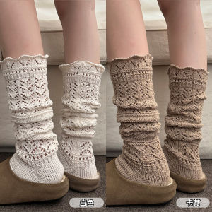 ถุงเท้าถักขนสัตว์สีน้ำตาลยาวถึงเข่าสำหรับผู้หญิง ถุงเท้าถักขนสัตว์สไตล์วินเทจญี่ปุ่น ถุงเท้าถักขนสัตว์แบบมีช่องว่างสำหรับฤดูหนาว