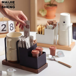 Wood Coffee Station Organizer Paper Cup Holder Coffee Condiment Tea Bags Storage Rack for Home Kitchen Office