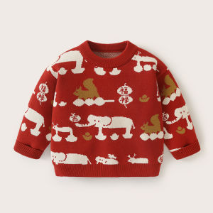 Red Sweater New Years Clothes for Baby Girls Childrens New Years Top Winter Clothes Casual Knitted Fabric Non-Hat Long Sleeve round Neck