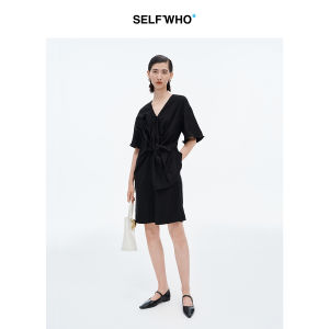 Black V-Neck Ruched Waist A-Line Dress