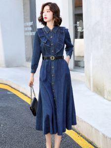 Slim Fit Fashionable Fairy Tale Denim Dress Long Sleeve mid Length Waist Cinching Slimming Skirt Korean Style Button Detail