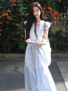 CHANGTONG | French Style Blue Floral Dress Slim Waist