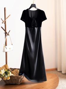 French Silk Velvet Patchwork Vestido A- Line Skirt High Waist Square Collar Summer Dress For Women Slimming Effect