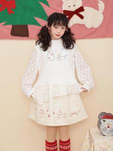 White Knitted Lace Patchwork Christmas Embroidery SemenCoicis Retro Girls T-shirt 100% Cotton Festive Fun Childrens Wear