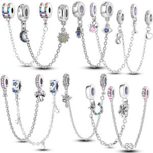 Dây Chuyền An Toàn Bạc 925 Sterling Với Charm Hình Sao Mặt Trăng Mặt Trời Trái Tim Nơ Kẹp Silicon Để Làm Đồ Trang Sức Tự Chế Phù Hợp Với Vòng Tay