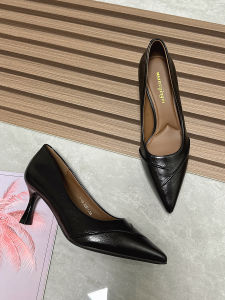 Black Work Shoes Soft Leather mid High Heel Pointed Toe Thin Heel Fashionable Comfortable Office Shoes for Young Women
