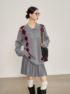 Casual Elegant Style Grey Diamond Pattern Knit Suit