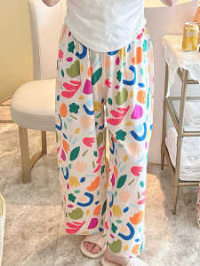 Summer Thin Cotton Silk Wide Leg Pants Womens Sweet Outerwear Sleepwear Comfortable Breathable Print Pattern mid Waist Nine Points