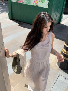 EAR RAE Summer Silk Chiffon Slimming Waistless Sleeveless Elastic Waist Casual A-Line Dress Lightweight Breathable Womens Dress