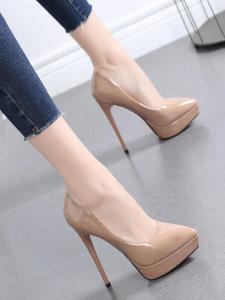 Pea Soup Color Waterproof Platform High Heels Womens Spring Autumn New Style Versatile Shoes Slip-On Party PU Leather