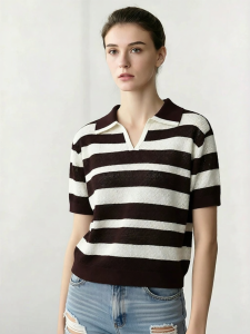 AMII | Cool and Breathable POLO Collar Contrast Striped Womens Knitwear