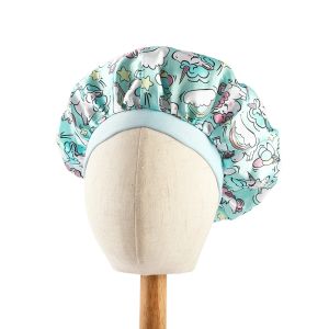 หมวกคลุมผมลายการ์ตูนยูนิคอร์นสำหรับเด็กทารก ผ้าซาติน ยืดหยุ่น ขอบกว้าง ใช้สำหรับนอน อาบน้ำ สปา หรือทำผม