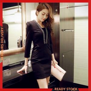 CFBOUTIQUE Korean Style Women Fashion Chain Embellished Long Sleeve Ladies Dinner Dress