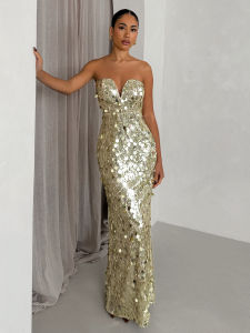Đầm Dạ Hội Đuôi Cá Không Dây Cổ Chữ V Đính Sequin Lưng Trần Dáng Ôm Dài Chất Liệu Polyester Dành Cho Mọi Lứa Tuổi Gợi Cảm Mùa Xuân 2026.