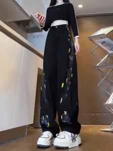 Quần Jeans Nữ Ống Thẳng Phong Cách Mỹ Retro Graffiti Quần Ống Rộng Cạp Cao Thời Trang Thu Đông Thiết Kế Đường Phố