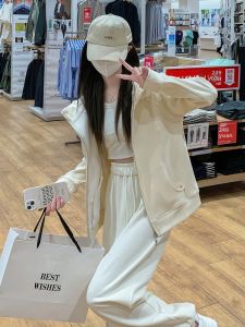 Miiow | Womens White Hooded Zipper Pocket Open Cardigan Shark Pants Autumn Winter New Style Slim Fit Commute Style Fashion Outerwear