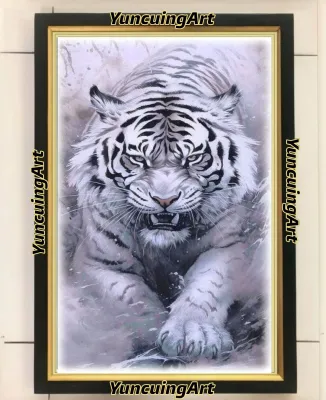 hiasan dinding poster macan harimau putih plus bingkai ukuran 53*35