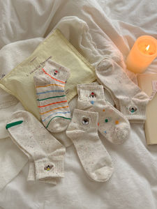 Breathable Thin Embroidered Dog Socks Womens Summer Striped Polka Dot Cotton Socks AdorableJapaneseStyle Short Socks