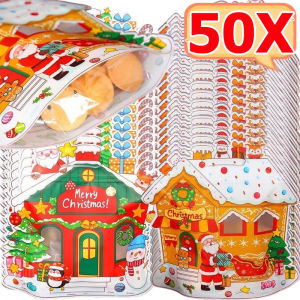50PCS Christmas Snow House Tote Bags / Xmas Gift Wrapping Bag / Dessert Snack Packaging Pouch / Mini Toys Storage Pack / Festival Party Present Decoration