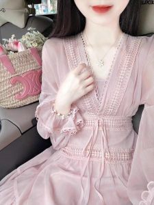 French Style Pink V-neck Lantern Sleeve Dress Womens Fall plus Size Dopamine Wear Classy Exquisite Long Yarn Skirt