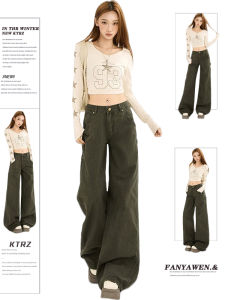 กางเกงยีนส์ทรงหลวมสไตล์อเมริกันย้อนยุคสำหรับผู้หญิง กางเกงขายาวทรงตรงสีเขียวทหารไซส์ใหญ่ กางเกงยีนส์ทรงหลวมสำหรับฤดูใบไม้ร่วง