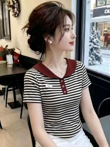 YOUFAN | Doll Collar Striped Short Sleeve Lightweight Tee