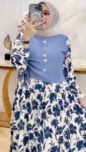 SERINA MIDI DRESS KNIT IMPORT COMBINASI CRINKLE ALEVA MOTIF BUNGA TERVIRAL