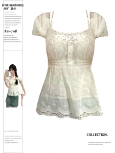 ฤดูร้อน เสื้อเชิ้ตแขนสั้นลายดอกไม้กลวง พลัสไซส์ ผู้หญิง เสื้อตัวในมีชั้น เสื้อท่อนบน ลายดอกไม้ ดีไซน์ เรียบหรู สไตล์ครบชุด