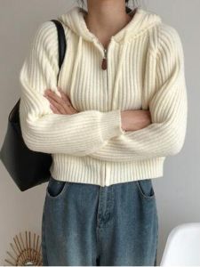 เสื้อคาร์ดิแกนถักหนาหลวมๆ สำหรับผู้หญิงในฤดูใบไม้ร่วง เสื้อคลุมกันหนาวแบบสวมหัว ปกโปโล แขนยาว ปกติ ปกติ