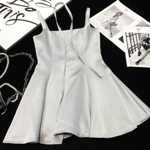 Pure Desire CCA Girl Atmosphere Sash Satin Bright Surface Acetate Strap Dress A-Line Skirt Womens Fashion Summer Dress