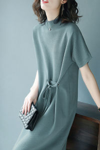 Spring Summer New Style Womens Knitted Dress Thin Waist Cinched Midi Length Loose Sweater Dress Stand Collar Short Sleeve