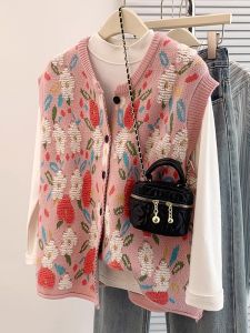 AIYITI | Knit Pink Jacquard Vest Outwear Autumn/Winter
