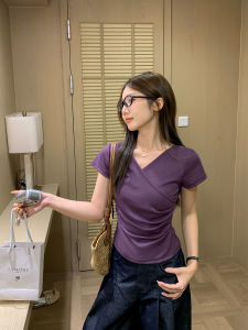 Cross V-Neck T-Shirt Stylish Versatile Slim Wrinkled Irregular