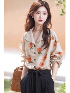 Stylish Floral Print Linen Cotton Shirt Womens Beautiful Early Autumn New French Unique Small Top Loose Fit Long Sleeve Polo Collar