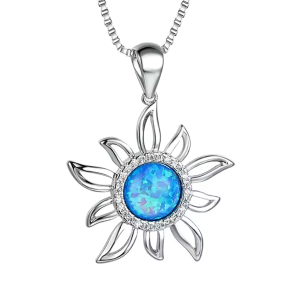 Boho Sunflower Pendant Necklace Blue Fire Opal with CZ HaloDainty Floral Layering Necklace for WomenTrendy Everyday Jewelry