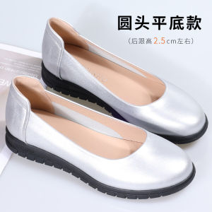 Silver round Head Flat Bottom Work Shoes Comfortable Commute Ladies Slip-On Soft Bottom Shoes Thick Heel Low Heel Synthetic Leather