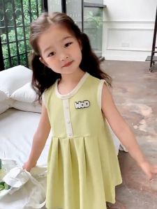 WANDER เสื้อผ้าเด็กผญ เดรสเด็กหญิง  การออกแบบที่สะดวกสบาย สาวฤดูร้อนบางหลวมแขนกุดเจ้าหญิงลมสีทึบเรียบง่ายแขนกุดกระโปรงแขวนคอ