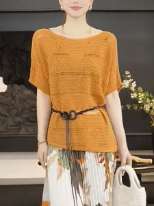 QINGNAER | Light Mature Style Warm Orange Texture Striped Hollow Short Sleeve Knitted Shirt Large Size