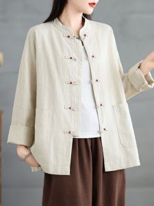 Chinese Style Stand Collar Linen Shirt Womens Autumn Zen Tea Gown Placket Buckle Cotton Cardigan Tops Brand Big Sale