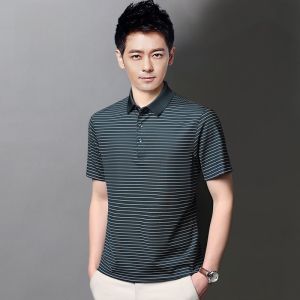 ROMON | Loose Fit Ice Silk Half Sleeve Polo Shirt For Men Short Sleeve T-Shirt Striped Turn-down Collar Summer Thin Fashion Urban Style