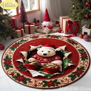 VIKAMA Round Christmas Rug 3D Distressed Penguin Print Rug Soft Non-Slip Living Room Rug Christmas Home Decor