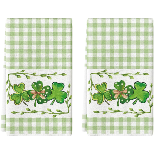 2Pcs Green Checkered Four-Leaf Clover Kitchen Towels 40Cm*60Cm Towel Set Super Absorbent Soft Cleaning Cloth Cooking and Baking Tea Towel Hand Towel Cleaning Cloth Dishcloth Kitchen Decoration Living Room Decorations Kitchen Essentials Home ...