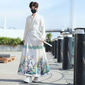 Improved Mens Hanfu Set with Embroidered Collar And Horse Tailed Skirt New Chinese Style Base Shirt Spring Fashion Ethnic Elements